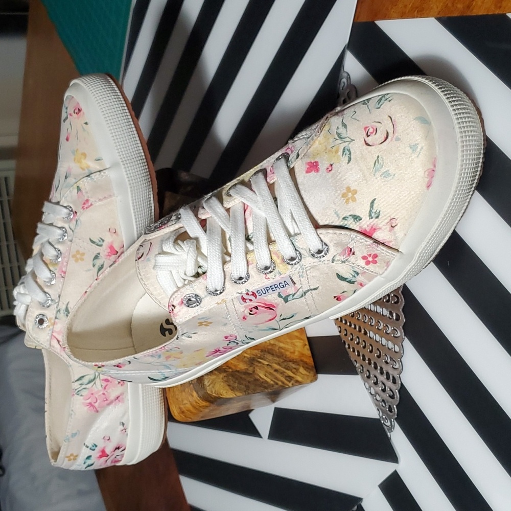 Superga Floral Canvas Sneakers - Cream and Pink